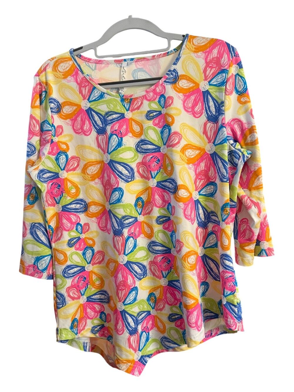 Lulu-B Medium Floral Tunic Top Asymmetrical Pointed Hem 3/4 Sleeve Colorful